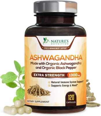Nature’s Nutrition Ashwagandha 1310mg with Organic Ashwagandha Root Powder & Black Pepper Extract for Mood & Stress Support - supplement
