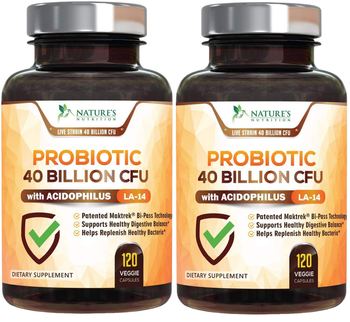 Nature’s Nutrition Probiotic 40 Billion CFU - 120 Capsules (2 Bottles) - supplement