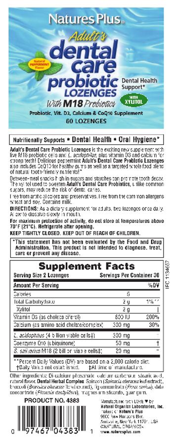 Nature's Plus Adult's Dental Care Probiotic Lozenges Natural Peppermint Flavor - probiotic vit d3 calcium coq10 supplement