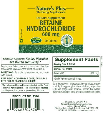 Nature's Plus Betaine Hydrochloride 600 mg - supplement