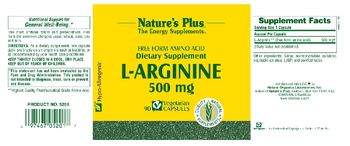 Nature's Plus Free Form Amino Acid L-Arginine 500 mg - supplement