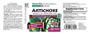 Nature's Plus Herbal Actives Artichoke 250 mg/2.5-5% Caffeylquinic Acids - standardized botanical supplement