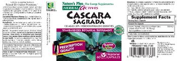 Nature's Plus Herbal Actives Cascara Sagrada 100 mg/25-30% Hydroxyanthracene Derivatives - standardized botanical supplement