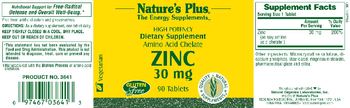 Nature's Plus High Potency Amino Acid Chelate Zinc 30 mg - supplement