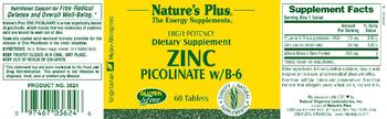 Nature's Plus High Potency Zing Picolinate W/ B-6 - supplement