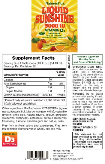 Nature's Plus Liquid Sunshine 5000 IU Vitamin D3 Tropical Citrus Flavor - vitamin d3 supplement