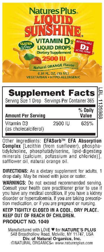 Nature's Plus Liquid Sunshine Vitamin D3 Liquid Drops 2500 IU Natural Orange Flavor - supplement