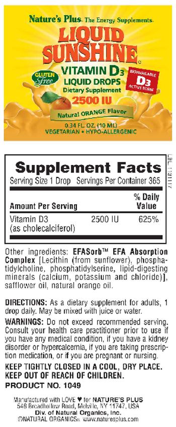 Nature's Plus Liquid Sunshine Vitamin D3 Liquid Drops 2500 IU Natural Orange Flavor - supplement