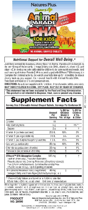 Nature's Plus Source Of Life Animal Parade Children's Chewable DHA for Kids Natural Cherry Flavor - omega3 fatty acid supplement with whole food concentrates