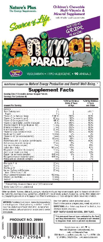 Nature's Plus Source Of Life Animal Parade Children's Chewable Multi-Vitamin & Mineral Supplement Natural Grape Flavor - childrens chewable multivitamin mineral supplement