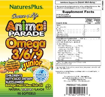 Nature's Plus Source Of Life Animal Parade Omega 3/6/9 Junior Natural Lemon Flavor - childrens fatty acid supplement