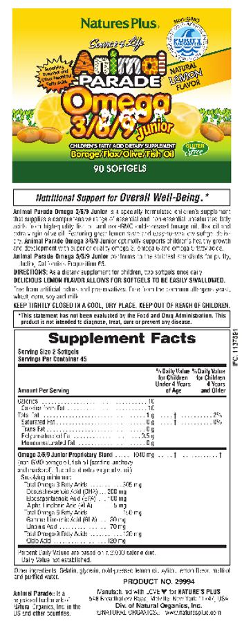 Nature's Plus Source Of Life Animal Parade Omega 3/6/9 Junior Natural Lemon Flavor - childrens fatty acid supplement