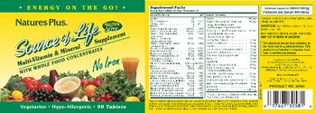 Nature's Plus Source of Life With Whole Food Concentrates No Iron - multivitamin mineral supplement