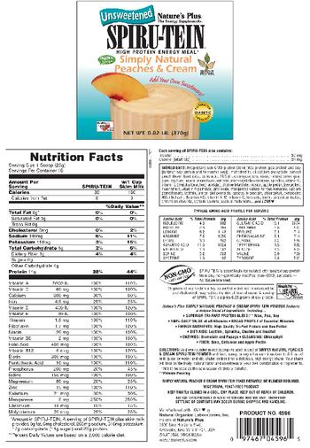 Nature's Plus Unsweetened Spiru-Tein High Protein Energy Meal Simply Natural Peaches & Cream - 