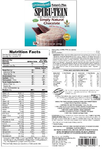 Nature's Plus Unsweetened Spiru-Tein High Protein High Energy Meal Simply Natural Chocolate - 