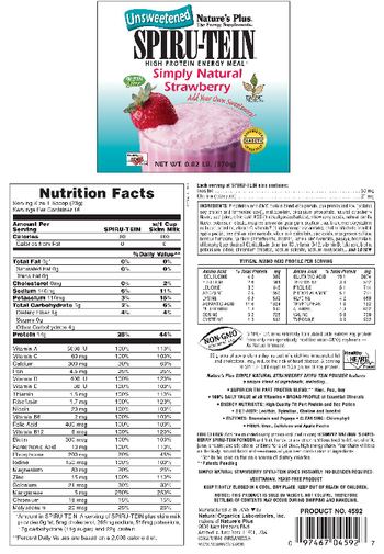 Nature's Plus Unsweetened Spiru-Tein High Protein High Energy Meal Simply Natural Strawberry - 