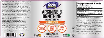 NOW Sports Arginine & Ornithine 500 mg / 250 mg - supplement