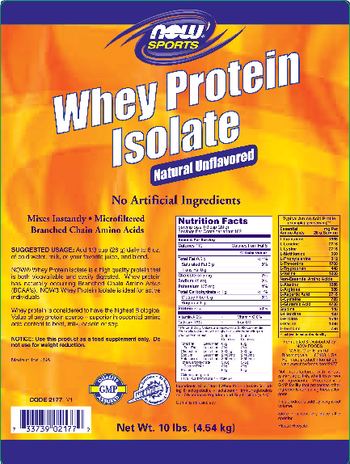 NOW Sports Whey Protein Isolate Natural Unflavored - 