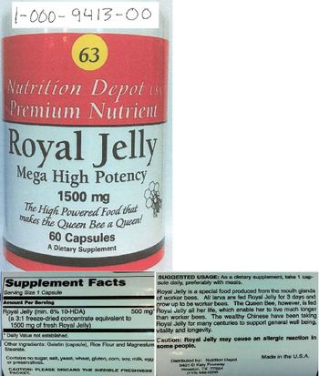 Nutrition Depot USA Royal Jelly Mega High Potency 1500 mg - supplement