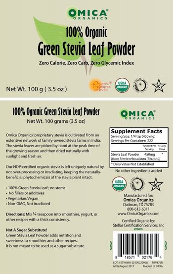 Omica Organics 100% Organic Green Stevia Leaf Powder - supplement