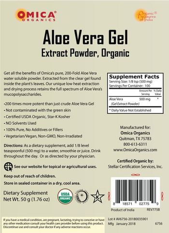 Omica Organics Aloe Vera Gel Extract Powder, Organic - supplement