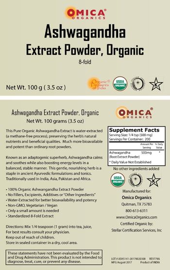 Omica Organics Ashwagandha Extract Powder, Organic - supplement