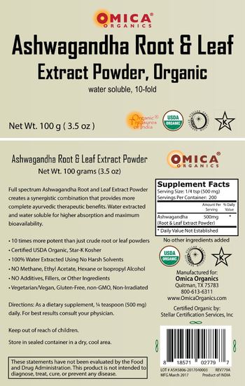 Omica Organics Ashwagandha Root & Leaf Extract Powder, Organic - supplement