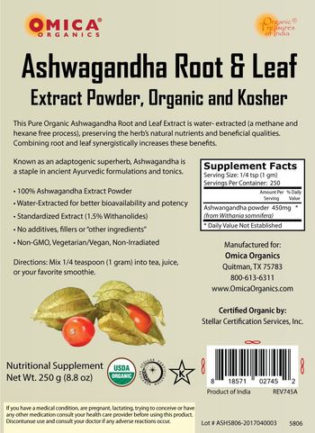 Omica Organics Ashwagandha Root and Leaf - nutritional supplement