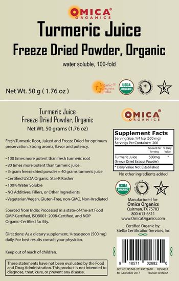 Omica Organics Turmeric Juice Freeze Dried Powder, Organic - supplement