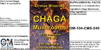 Ormus Minerals Chaga Mushrooms 275 mg - supplement