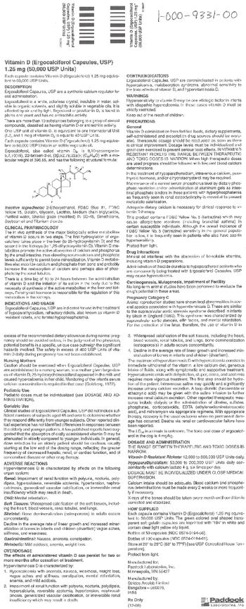 Paddock Laboratories Vitamin D (Ergocalciferol Capsules, USP) 1.25 mg (50,000 USP Units) - 