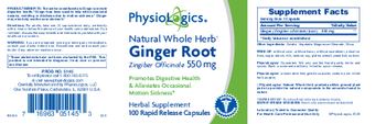 PhysioLogics Natural Whole Herb Ginger Root Zingiber Officinale 550 mg - herbal supplement