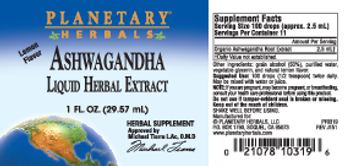 Planetary Herbals Ashwagandha Liquid Herbal Extract Lemon Flavor - herbal supplement