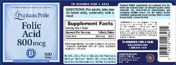 Puritan's Pride Folic Acid 800 mcg - vegetarian vitamin supplement