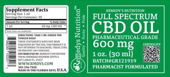 Remedys Nutriton Full Spectrum CBD Oil 600 mg - supplement