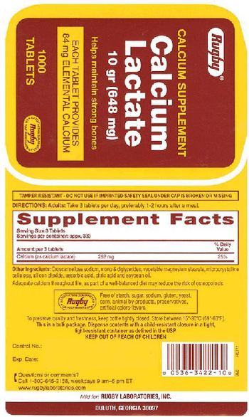 Rugby Calcium Lactate 10 Grams (648 mg) - calcium supplement