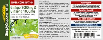 Simply Supplements Ginkgo 3000 mg & Ginseng 1000 mg - 
