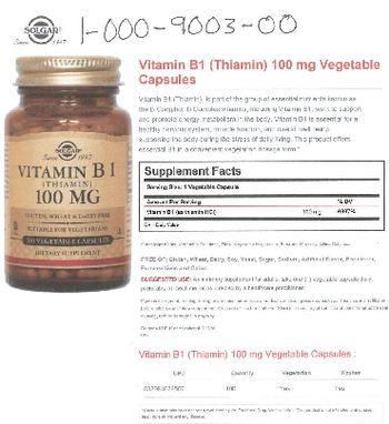 Solgar Vitamin (Thiamin) B1 100 mg - supplement