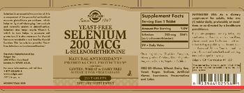 Solgar Yeast-Free Selenium 200 mcg - suggested use as supplement for adults take one 1 tablet daily preferably at mealtime or as directed