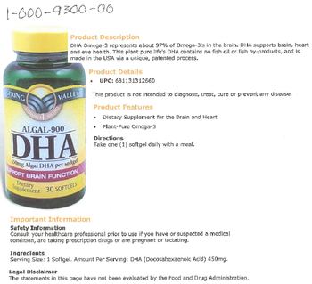 Spring Valley Algal-900 DHA - supplement