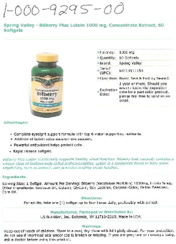Spring Valley Bilberry 1000 mg Plus Lutein - herbal supplement