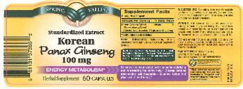Spring Valley Standardized Extract Korean Panax Ginseng 100 mg - herbal supplement