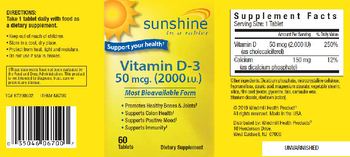 Sunshine Vitamin D-3 50 mcg. (2,000 I.U.) - supplement