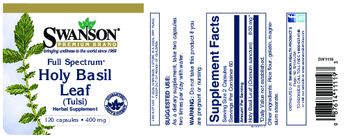 Swanson Premium Brand Full Spectrum Holy Basil Leaf (Tulsi) 400 mg - herbal supplement