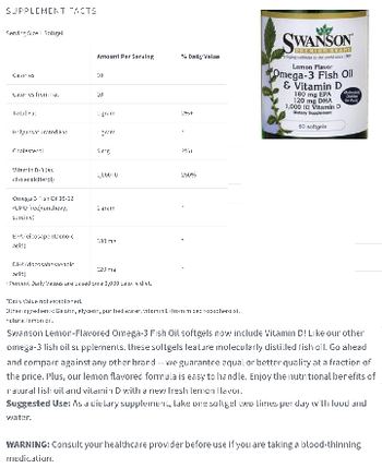 Swanson Premium Brand Omega-3 Fish Oil & Vitamin D Lemon flavor - supplement