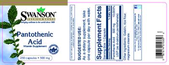 Swanson Premium Brand Pantothenic Acid 500 mg - vitamin supplement