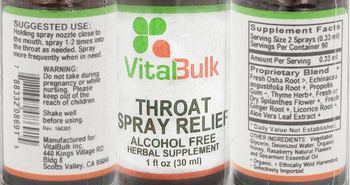 VitalBulk Throat Spray Relief Alcohol Free - herbal supplement