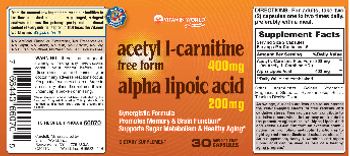 Vitamin World Acetyl L-Carnitine 400 mg Alpha Lipoic Acid 200 mg - supplement