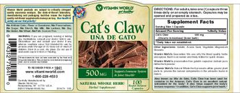 Vitamin World Cat's Claw Una De Gato 500 mg - natural whole herb herbal supplement