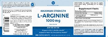 Vitamin World Maximum Strength L-Arginine 1000 mg Free Form - vegetarian amino acid supplement